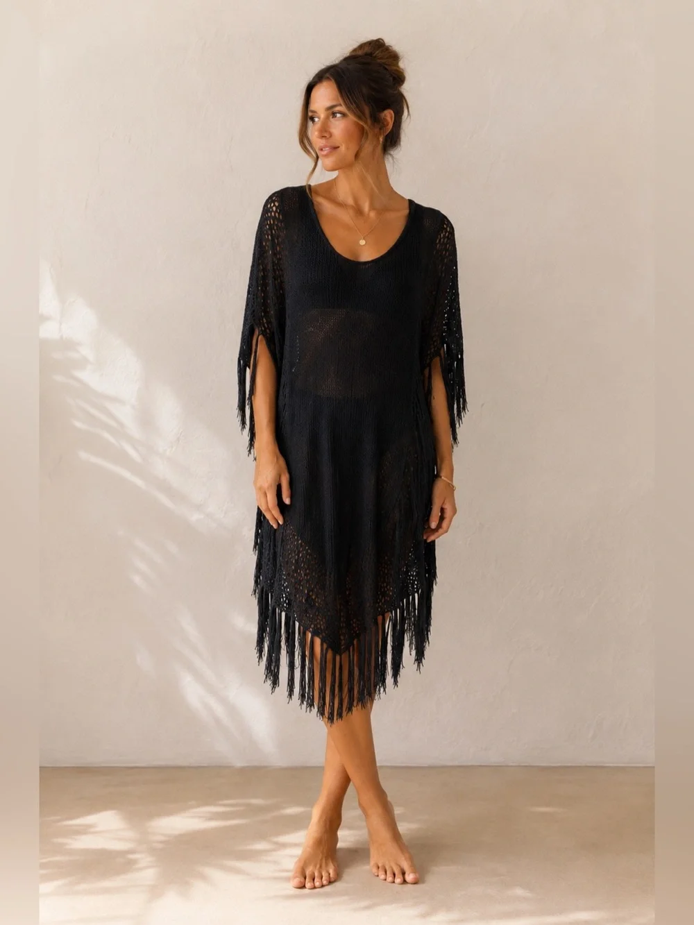 Soft Surroundings Black Open-Knit Crochet Fringe Swim Cover-Up Poncho Dress S/M